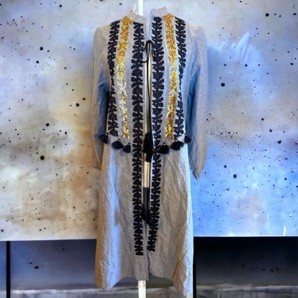 Raga bohemian sample size small denim blue with gold accents duster tie‎ jacket